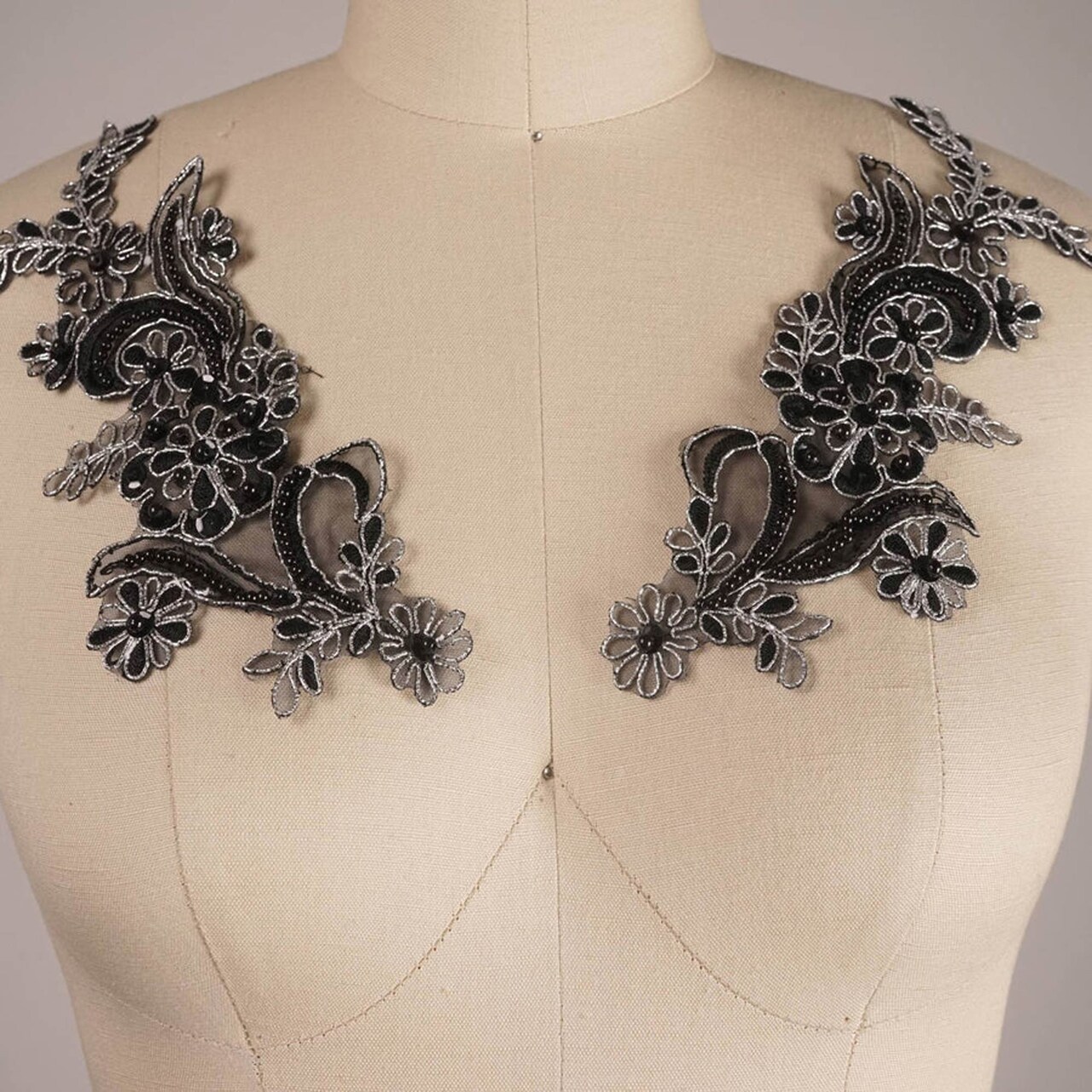 2 Pieces 8.5" x 3.5" Black Lace Metallic Silver Wire Applique Pair Vibrant Coral Color